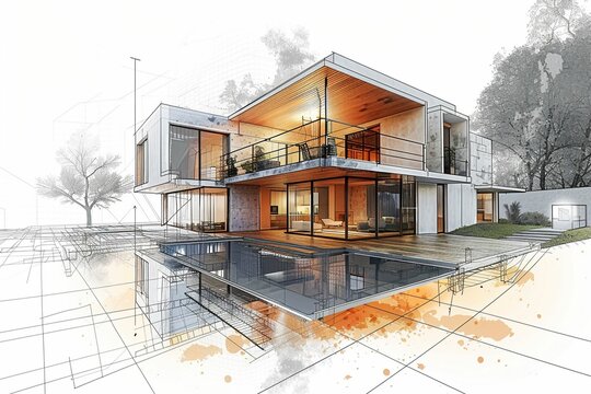 Villa moderne d'architecte, dessin fa&ccedil;on croquis, illustration ia g&eacute;n&eacute;rative