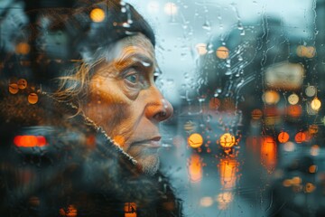 An elderly man with dementia stares blankly out of a window,  reflection blurred against the backdrop of a rainy city, internal struggle of individual. Concept of dementia and memory problems - obrazy, fototapety, plakaty
