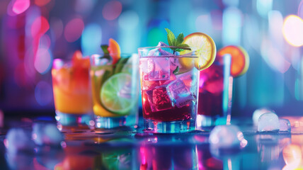 Cocktails on a table with bokeh lights and blur background. Copy space. Tropical beverage. Holidays, celebration, nightclub, bar, celebrate. - 759805217