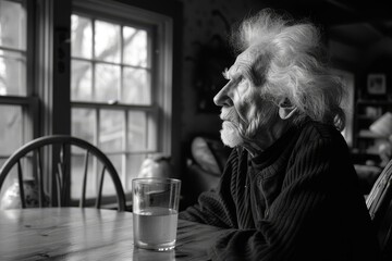 Side view of unsettling elderly person sitting alone in the empty room, unable to recall how to eat or drink. Concept of dementia, alzheimer disease and memory problems of older people - obrazy, fototapety, plakaty