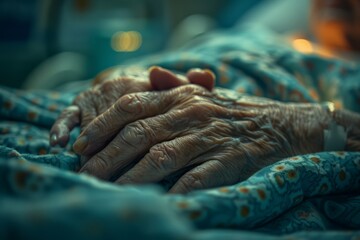 A close-up of the hands of an elderly lonely woman lying in a hospital ward. Care for the aged people, need for empathy and support of family