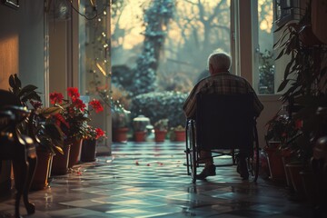Alone elderly man looks out into the garden or backyard while he sitting in a wheelchair in the hallway of a nursing home. Care for the aged people, need for empathy and support of family - obrazy, fototapety, plakaty