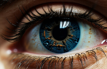 Close-up of blue eye with clock in the pupil