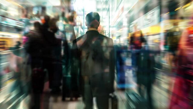 City Alienation.
Man standing still in a crowd of walking, distorted people.