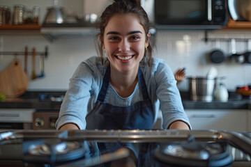 Young Smiling Janitor Woman Cleaning Dirty Induction Stove In Kitchen - obrazy, fototapety, plakaty
