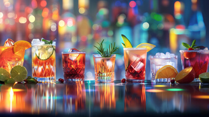 Cocktails on a bar counter with bokeh lights and blur background. Copy space. Tropical beverage. Holidays, celebration, nightclub, bar, celebrate. - 759805820
