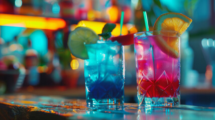 Cocktails on a bar counter with bokeh lights and blur background. Copy space. Tropical beverage. Holidays, celebration, nightclub, bar, celebrate. - 759805838