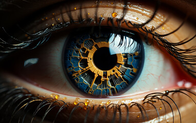 Close-up of human eye with mechanical structure of gears and cogwheels reflecting light. - obrazy, fototapety, plakaty