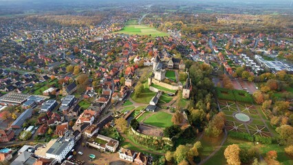 	
Aerial view around the old town of the city  Bad Bentheim  in Germany on a cloudy day in autumn	
