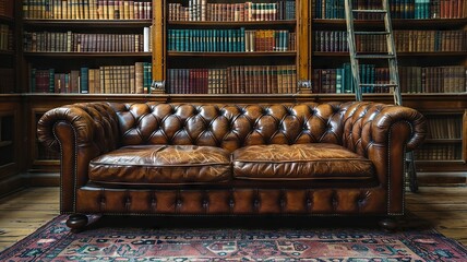 Vintage leather couch in a dimly lit library setting