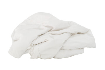 White crumpled blanket ball or bedclothes in hotel room leaved untidy and dirty after guest's use over night isolated  with clipping path in png file format