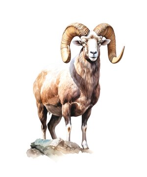 Watercolor illustration of a mountain sheep isolated on white background.
