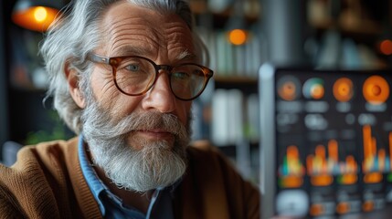 A focused senior man with grey hair and eyeglasses analyzing colorful data charts on a digital tablet.