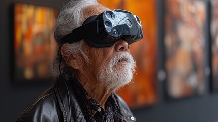 A senior man with a white beard experiences art through virtual reality, immersed in a world of...