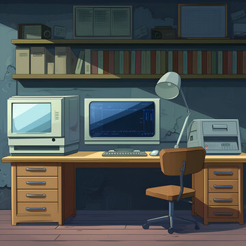Computer desk cartoon background 