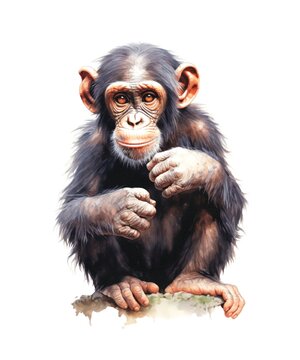 Watercolor illustration of a chimpanzee isolated on white background.