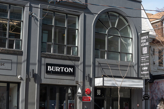 exterior building facade and sign of Burton (Flagship Store), a snowboard shop, located at 98 Ossington Avenue in Toronto, Canada