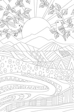 anti stress colouring book page for adults and children. mountai