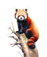 Watercolor illustration of a red panda sitting on a branch on white background.