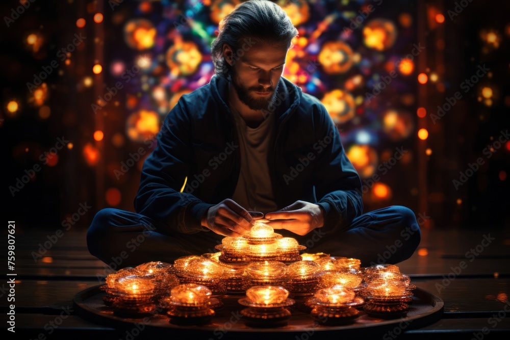 Poster man sitting on table surrounded by lit candles generative ai