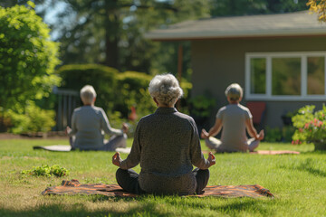 Group of elderly individuals peacefully practicing yoga in a sunny backyard