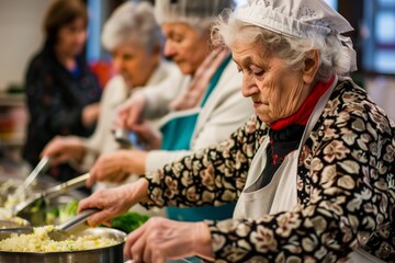 Group of elderly women preparing a meal, engaged in communal cooking in a homely setting