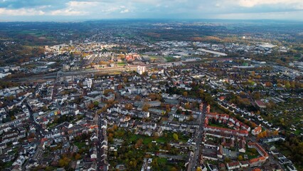 	
Aerial view around the downtown of the city  Leverkusen in Germany on a cloudy day in autumn	
