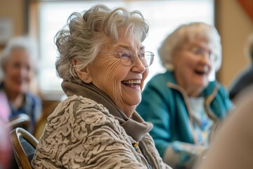 Radiant elderly lady smiling, surrounded by friends at a cozy event - obrazy, fototapety, plakaty