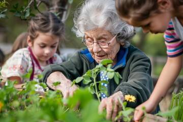 Creating a nurturing and educational intergenerational gardening moment with the elderly woman. Her grandchildren. And the young children learning about planting. Teamwork