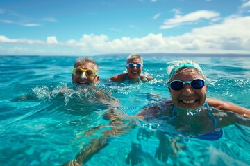 Cheerful family with snorkeling goggles swimming in the clear blue ocean