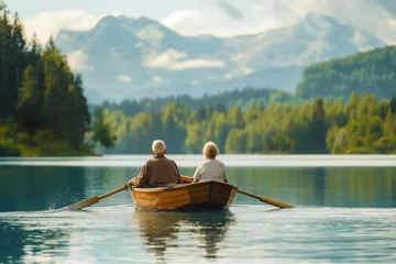 Foto op Canvas Elderly couple paddles gently on a serene lake with mountain views © Татьяна Евдокимова