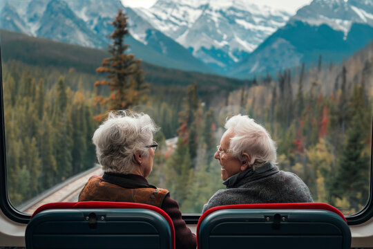 Back view of a senior couple sitting in a train, admiring the scenic mountain landscape