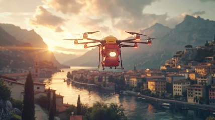 Deurstickers 3D illustration of a drone delivering medicine over a scenic landscape depicting future healthcare delivery © Malika