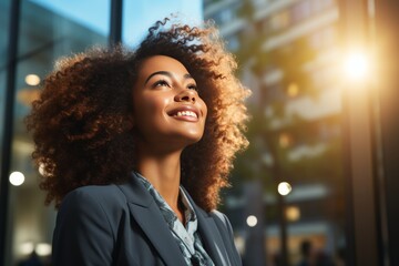 Obraz premium Successful black businesswoman thinking of new investment opportunities in city sunset