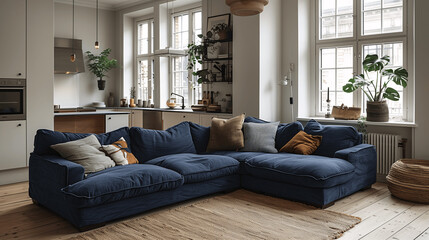 Stylish Modern Living Room Interior with Blue Sofa and Houseplants
