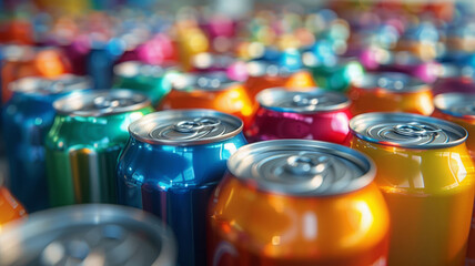 Close-up of colorful soda cans with sharp focus