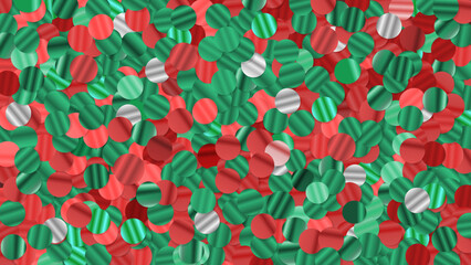 Sparkling Christmas Sequins, Red and Green Festive Background Closeup. Realistic Shiny Glitter Pattern, Backdrop for Winter Holidays and New Year Banner, Vector Design