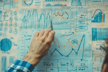 business planning and strategy. Businessman draw growth graph and progress of business and analyzing financial and investment data ,business planning and strategy on blue background