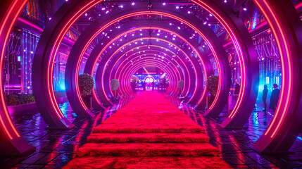 Modern Neon Light Tunnel, Futuristic Interior Design with Bright Colors and Abstract Shapes