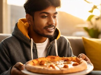 Indian casual man eating pizza at home
