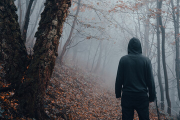 A hooded man back to camera. Standing in a spooky, eerie forest. On a creepy foggy winters day.