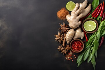 top view of Thai spice for curry paste ingredient including garlic, chilli, Galangal and lemongrass with copy space for text - generative ai - obrazy, fototapety, plakaty