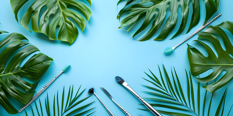 Flat lay composition with cosmetic products and tropical leaves on color background - Ai Generated