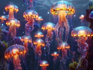 A group of jellyfish with long, colorful tentacles