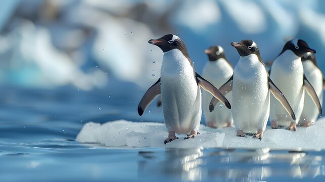 A group of penguins are standing on a sheet of ice. The image has a calm and serene mood, as the penguins are peacefully standing on the ice