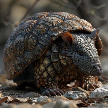 A Armadillo is laying on the ground with its head down
