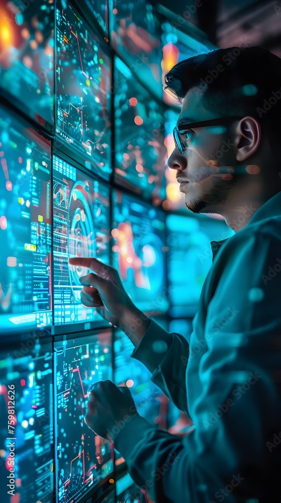 Poster a man is looking at a computer screen with many monitors