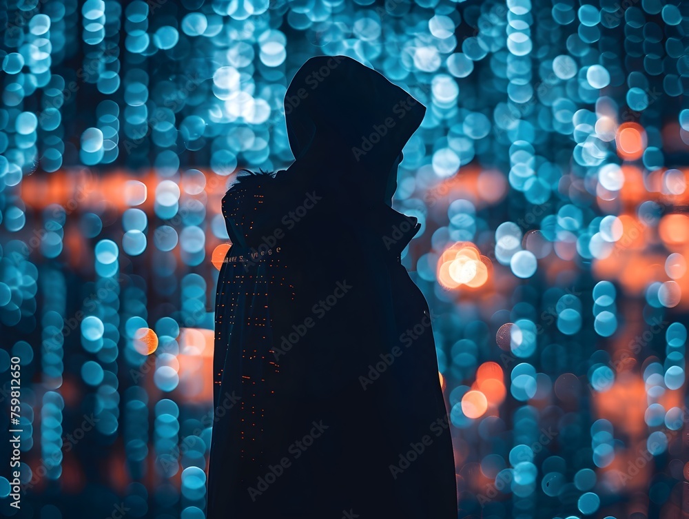 Poster a hacker is standing in front of a blurry background with a hoodie on