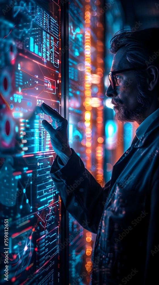 Aufkleber a man is looking at a computer screen with many monitors