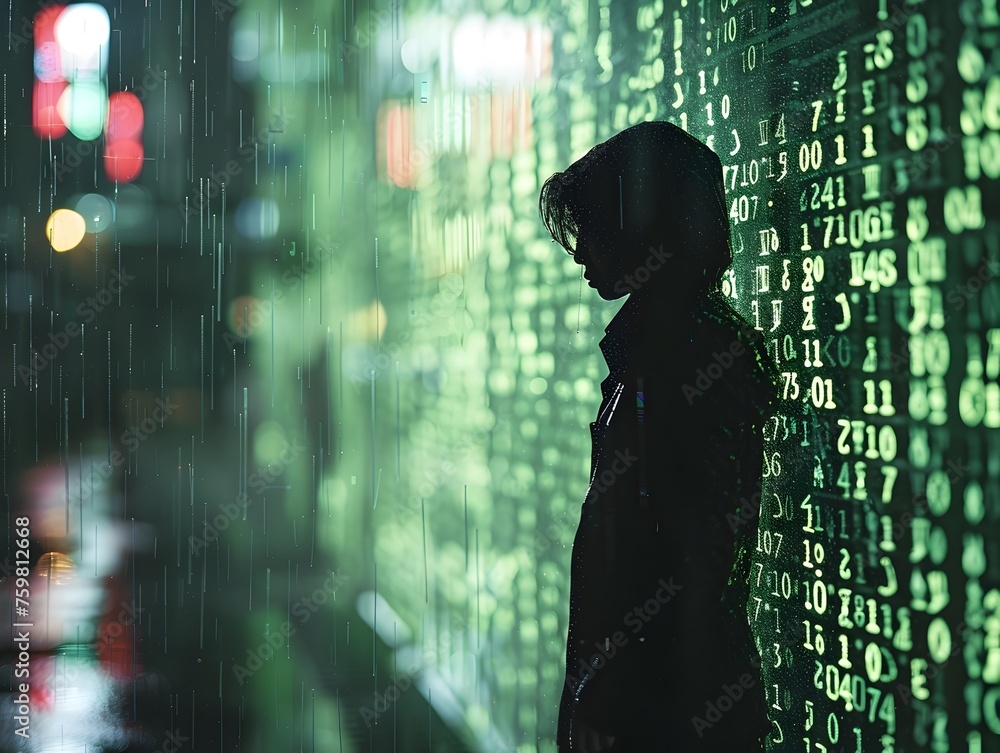 Poster a hacker is standing in front of a wall of numbers